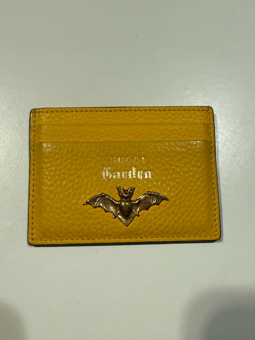Gucci Garden Mustard Yellow Pebbled Leather Card Holder with Bat Emblem